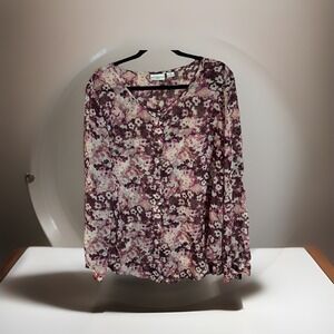 Liz Claiborne Women's Plus Floral Sheer Blouse Long Sleeve Button Front Top